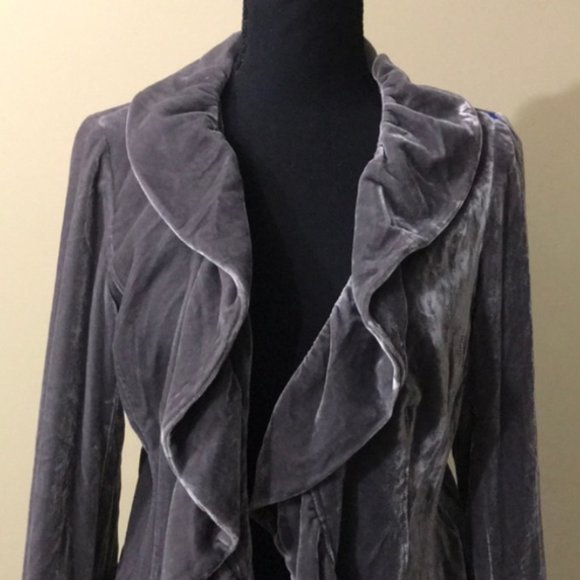 Saks Fifth Avenue Velvet Ruffled-Front Blazer Jacket in Grey - Picture 3 of 7